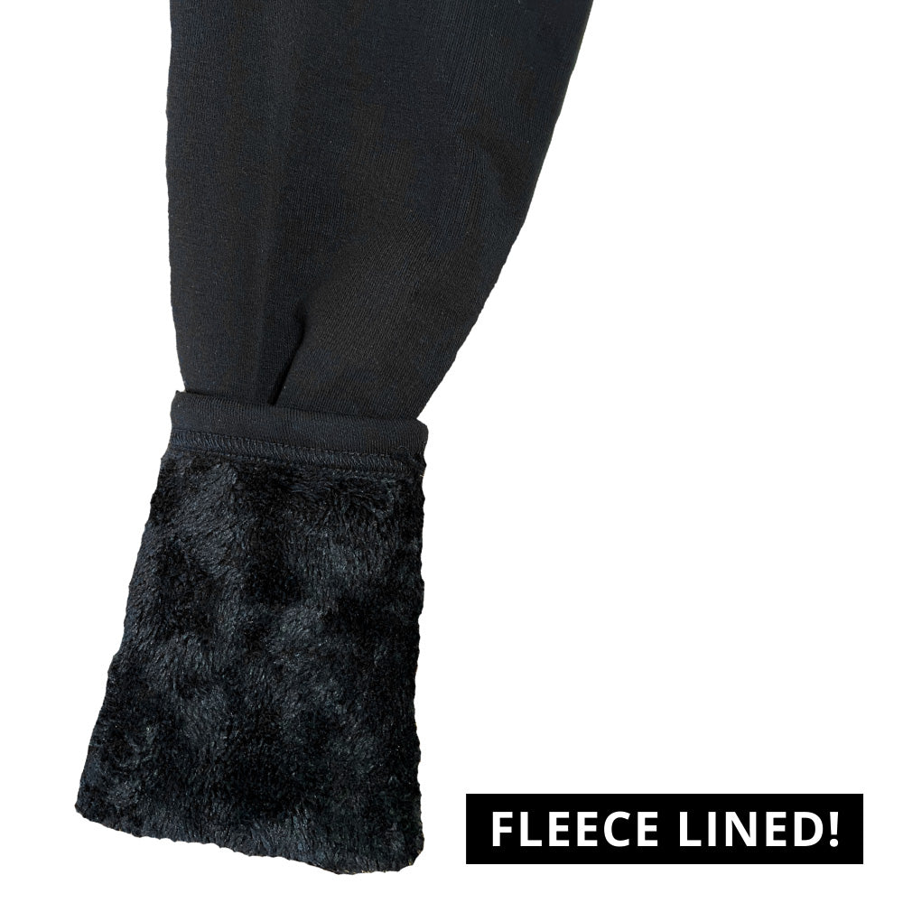 photo showing close up of black fleece lined inside material of black solid colored leggings