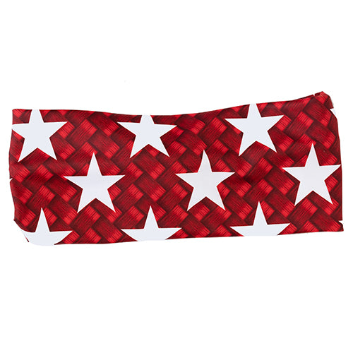 front view of red basket patterned headband with white stars