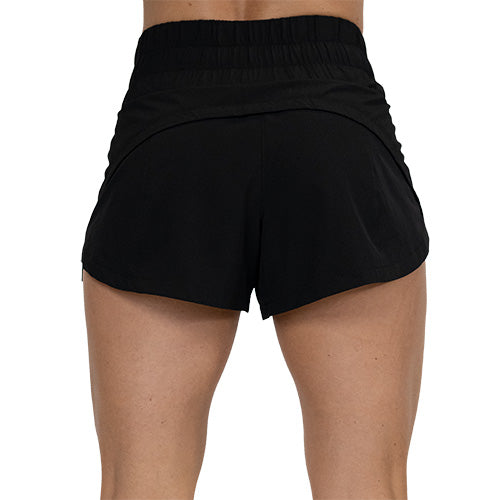 back view of solid black running shorts