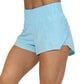 side view of solid light blue colored shorts