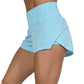 side view of solid light blue colored shorts 