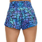 back view of purple and blue stained glass print running shorts