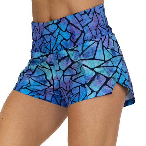 purple and blue stained glass print running shorts