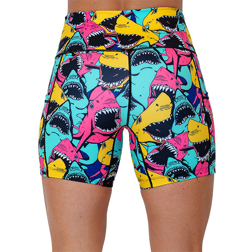 back of the 5 inch shark patterned shorts
