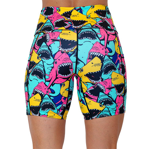 back of the 7 inch shark patterned shorts