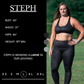 Graphic of an athletes measurements. Steph has a bust of 45", waist of 37", hips of 46", and is 5ft 8inches. She wears a L in our leggings.