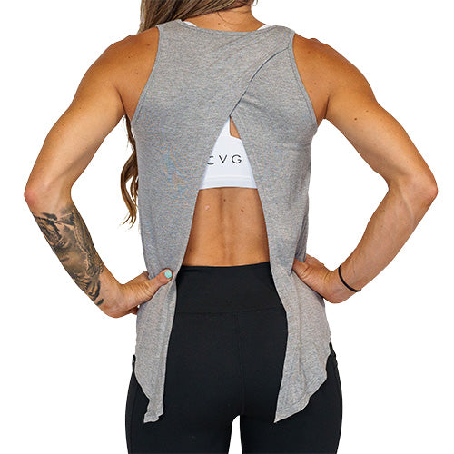 back view of grey basic tie back tank