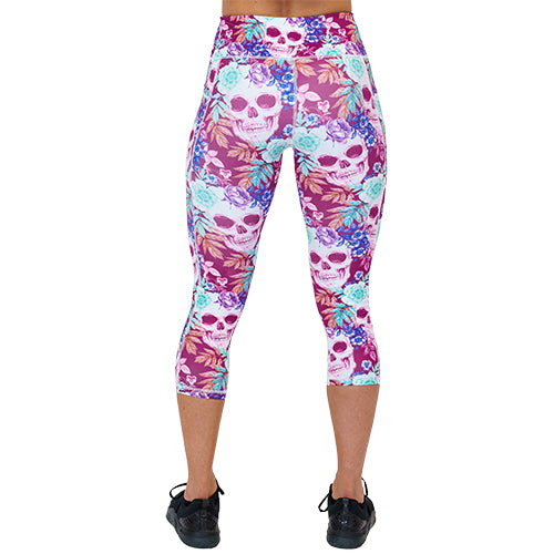 back of the skull and flower patterned leggings