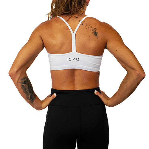 back view of solid white sports bra