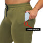 Close up of army green joggers showing the zipper pockets that fit your cell phone