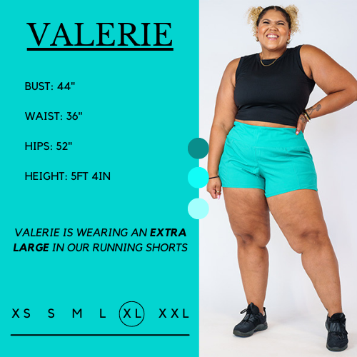 Graphic of a model showing her measurements and what size she wears for the running shorts. Her bust is 44 inches, waist is 36 inches, hips are 52 inches, and height is 5 feet and 4 inches. She wears an extra large in the running shorts