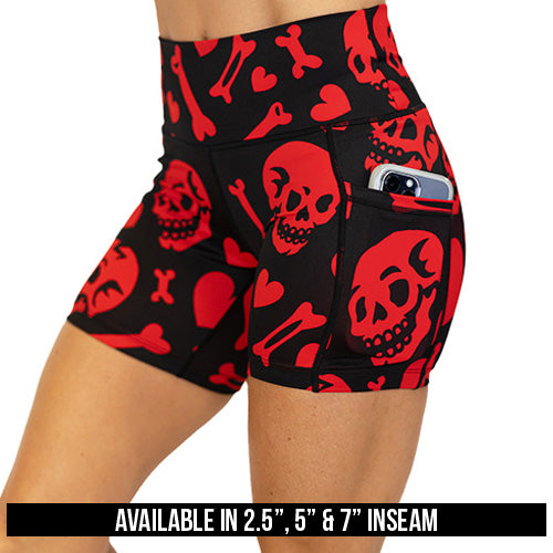 red and black shorts with skulls, bones and hearts available in 2.5, 5 and 7 inch inseam