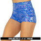 close up view of blue and purple holographic shorts available in 2.5",5" & 7" inseam
