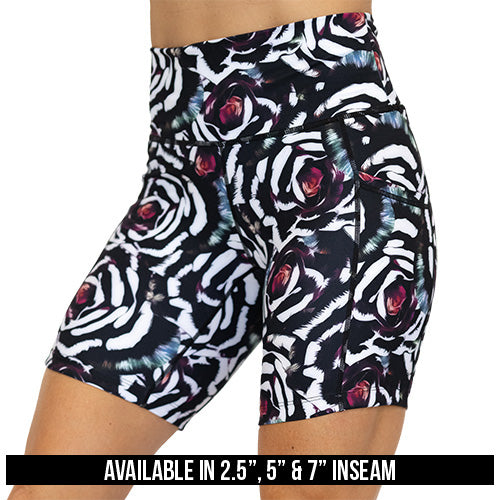 photo of petal shorts showing it is available in 2.5, 5 & 7 inch inseam