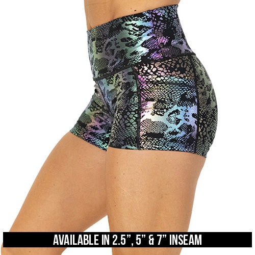 black, purple and green holographic shorts available in 2.5",5" & 7" inseam
