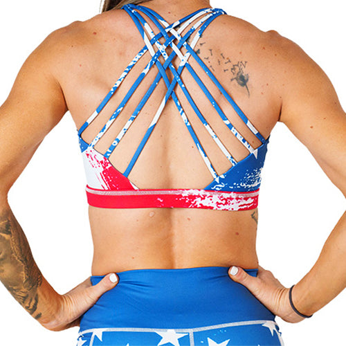 back view of American flag patterned sports bra