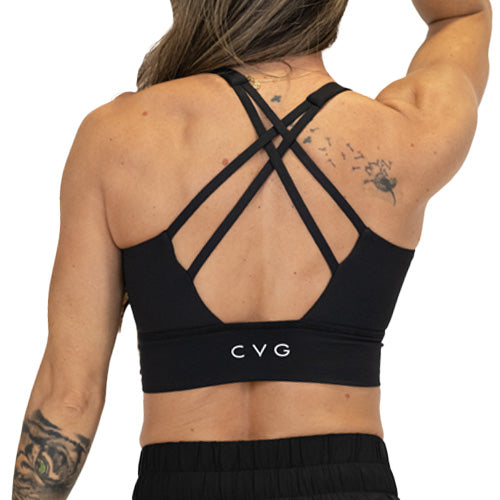 back view of butterfly back strap design on solid black longline bra