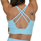 back view of butterfly back strap design on solid light blue longline bra