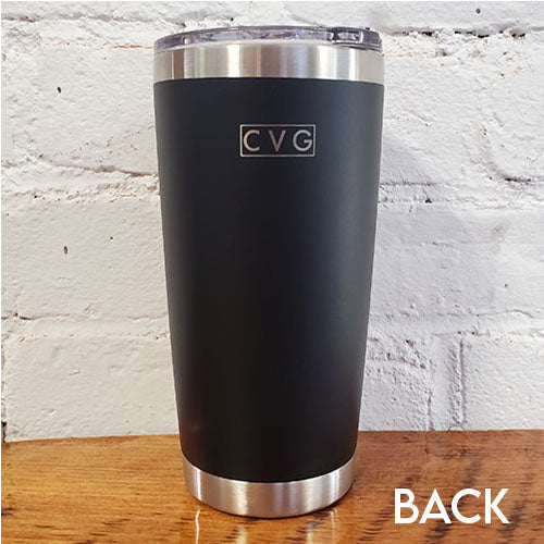 back of 20oz black tumbler with the silver cvg logo in the top center 