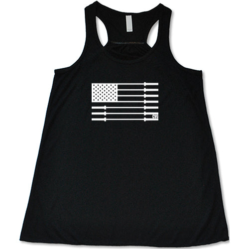 black tank with a white barbell American flag design in the center