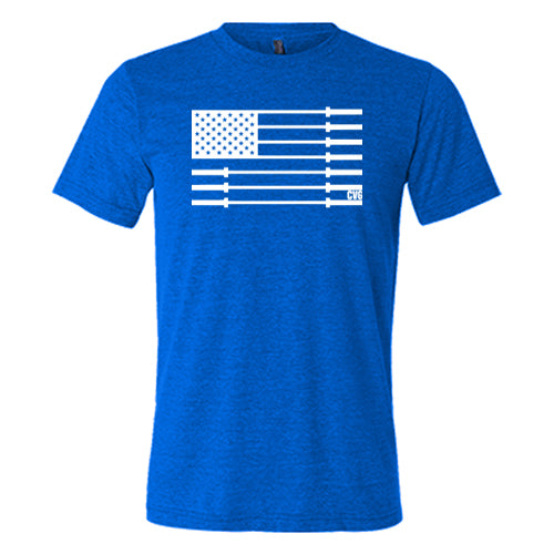 blue unisex shirt with a white barbell American flag design in the center