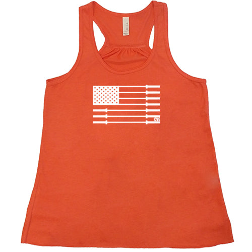 coral tank with a white barbell American flag design in the center