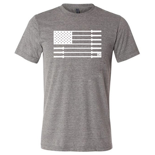 grey unisex shirt with a white barbell American flag design in the center