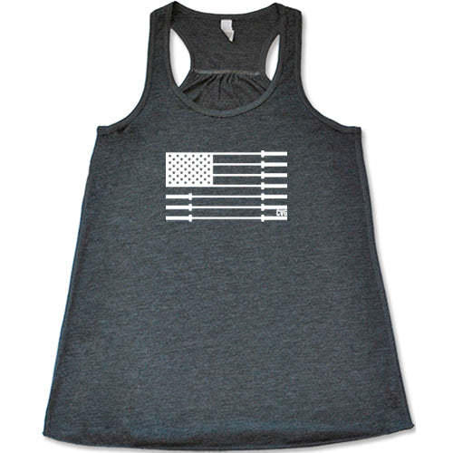 grey tank with a white barbell American flag design in the center