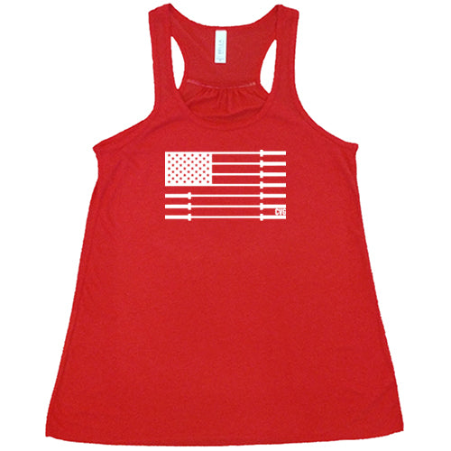 red tank with a white barbell American flag design in the center