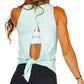 back view of teal basic tie back tank