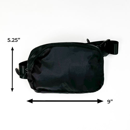 solid black belt bag measured 5.25 inches by 9 inches