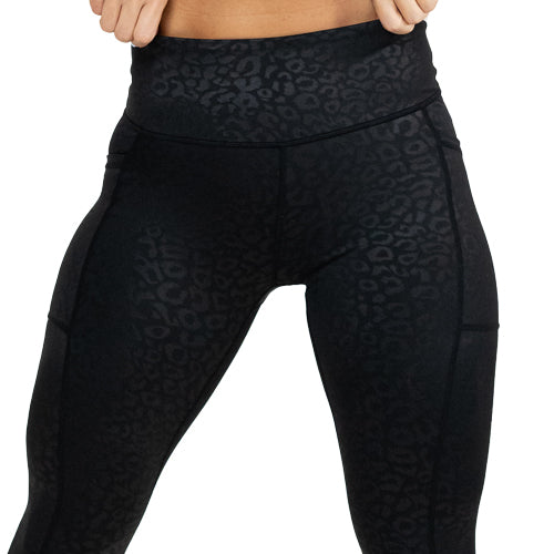 close up of black leopard leggings