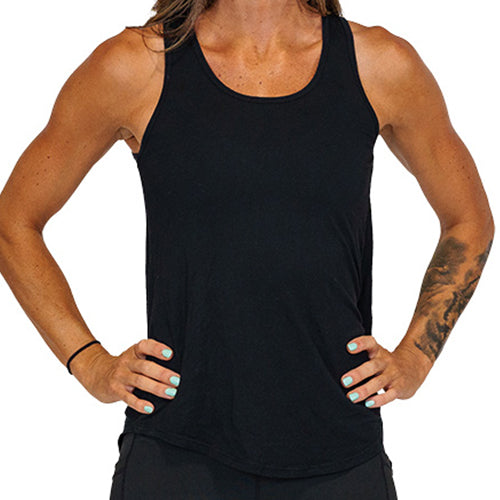 front view of basic black tie back tank
