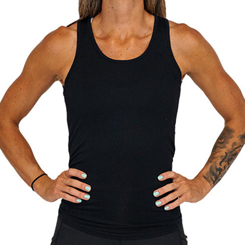 front view of black basic tie back tank