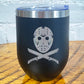 12oz black tumbler with silver slasher face and criss cross knives below it