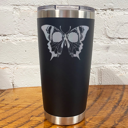 20oz black tumbler with silver skull butterfly in the center