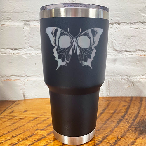 30oz black tumbler with silver skull butterfly in the center