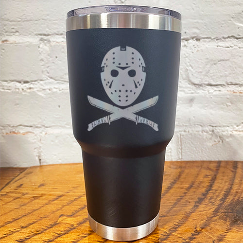 30oz black tumbler with silver slasher face and criss cross knives below it