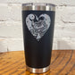 20oz black tumbler with skeletons, the moon and stars in a heart