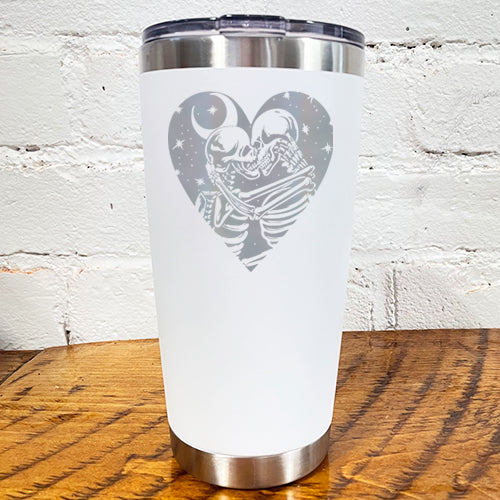 20oz white tumbler with skeletons, the moon and stars in a heart