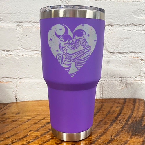 30oz purple tumbler with skeletons, the moon and stars in a heart