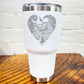 30oz white tumbler with skeletons, the moon and stars in a heart
