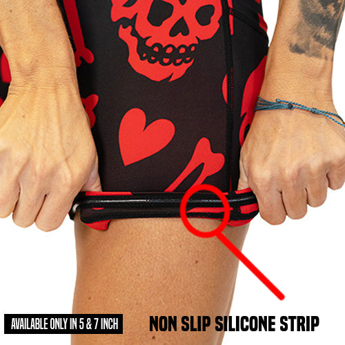 close up of non slip silicone strip available only on the 5 inch and 7 inch shorts