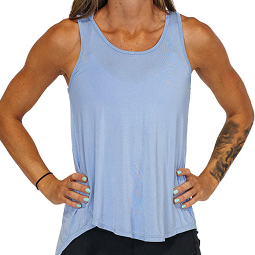 front view of basic sky blue tie back tank