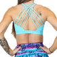 back view of butterfly back strap design on the solid powder blue sports bra
