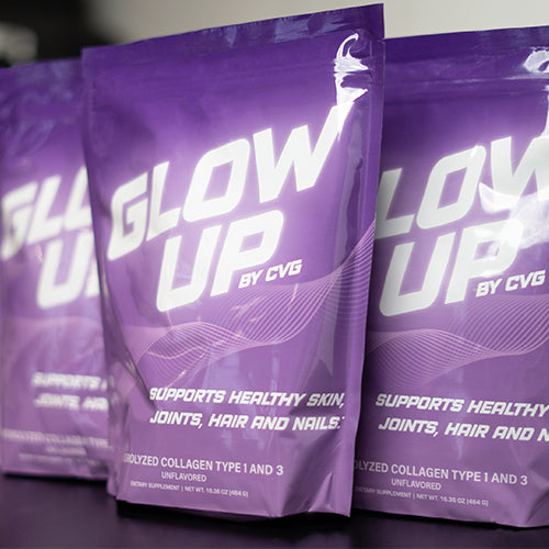 glow up collagen purple bag packaging with white "glow up" lettering on it 
