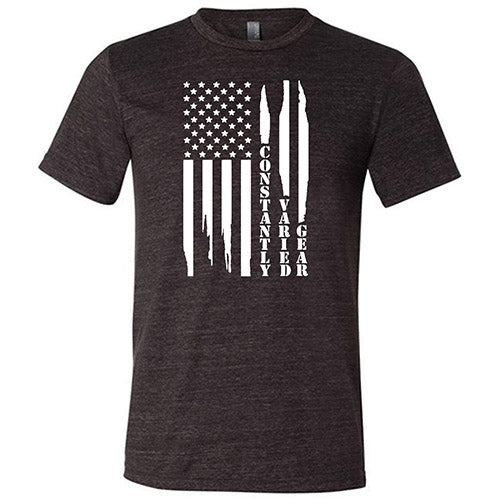 black unisex shirt with a white distressed flag design in the center