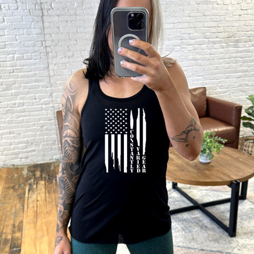 black tank with a white distressed flag design in the center 