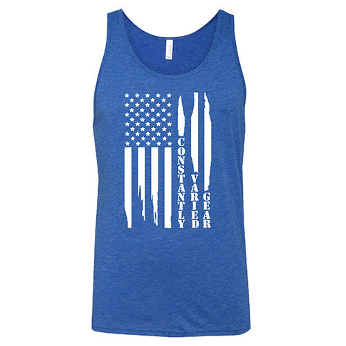 blue unisex tank with a white distressed flag design in the center