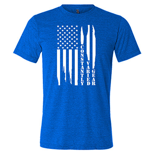 blue unisex shirt with a white distressed flag design in the center